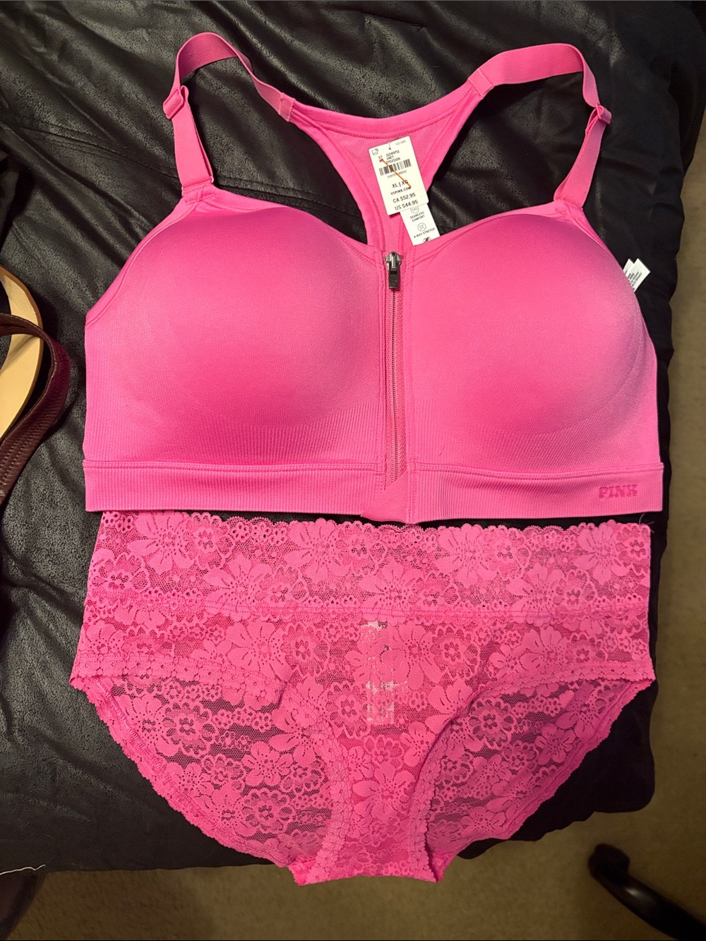 NWT PINK Victoria's Secret Hot Pink (XL) Front-Zip Wireless Bra &Lace Brief (Lg)